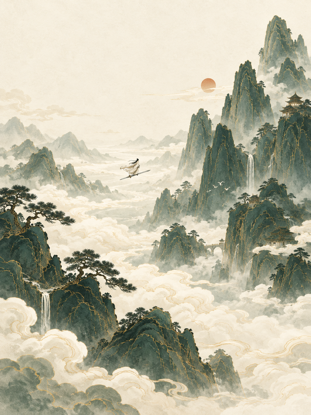 青绿群山与云海之间，一位修行者御剑远游